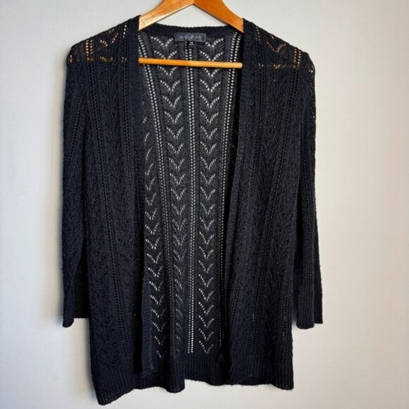 August Silk Women's Sheer Knit 3/4 Sleeve Open Front Cardigan Cover-up Black M - Picture 1 of 8